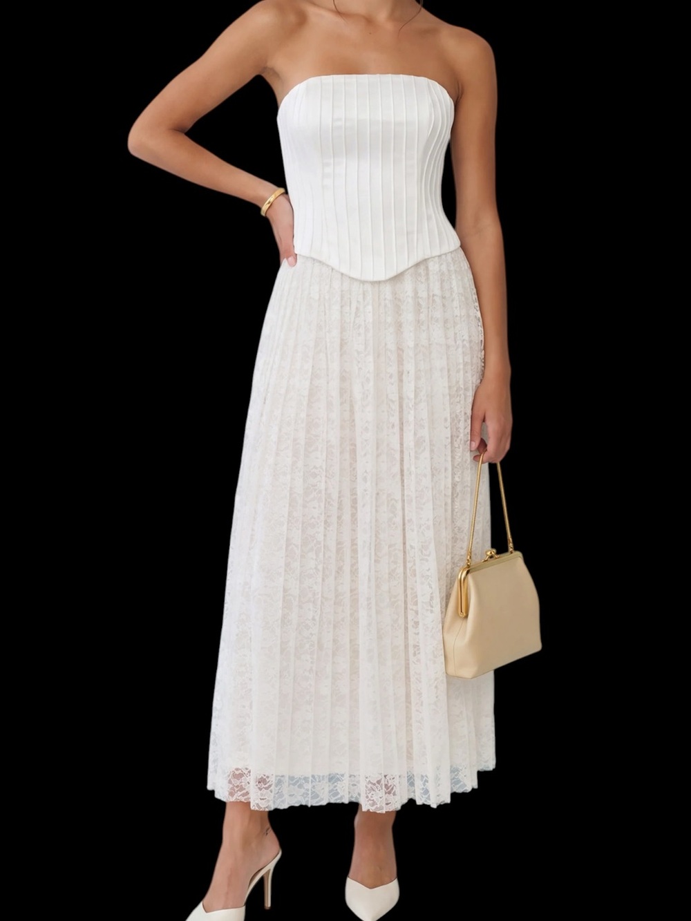 Few Moda Kathleen Set White Strapless Pleated Top Lace Maxi Skirt Bridal NWT